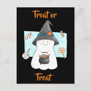 Funny Chubby Ghost/ Treat or Treat Postcard