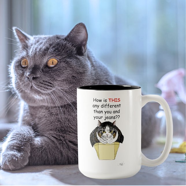 Funny Chubby Tabby Cat Box Two-Tone Coffee Mug (Creator Uploaded)