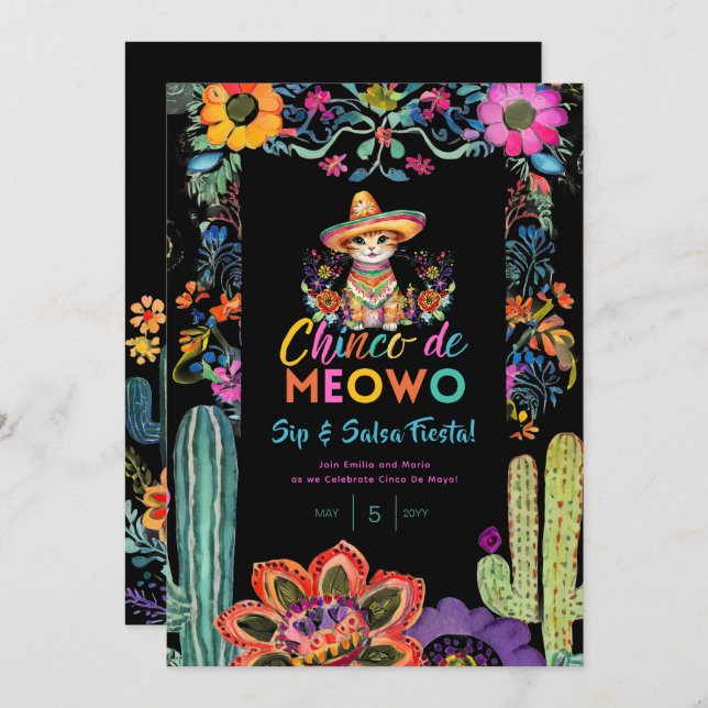 Funny Cinco De Mayo Sip and Salsa Cat FIESTA      Invitation (Front/Back)