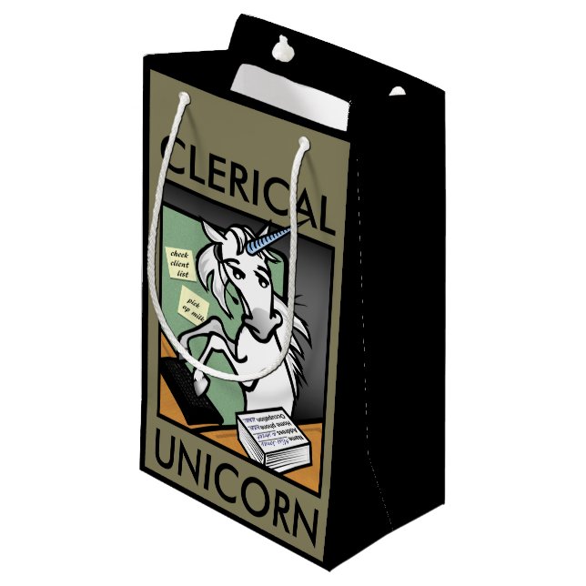 FUNNY CLERICAL UNICORN SMALL MATTE GIFT BAG (Front Angled)