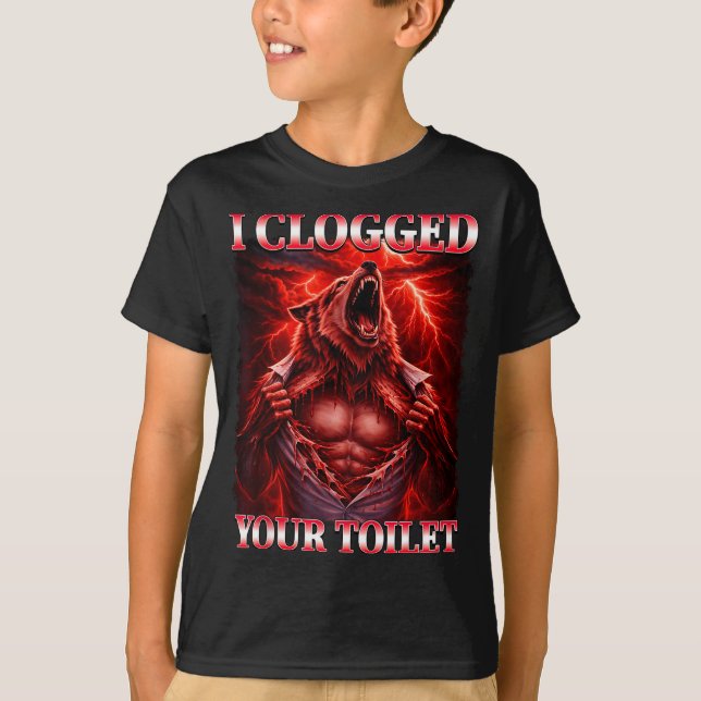 Funny clogged toilet alpha wolf meme brainrot T-Shirt (Front)