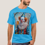 Funny Clown Drinking Beer Bar Tee<br><div class="desc">Bring bold, bizarre energy to your wardrobe with this Creepy Clown Cheers With Beer Tee, starring a wildly grinning clown in full circus attire, toasting a pint of golden beer beneath blooming spring trees. With a vibrant colour palette, intense facial details, and surreal outdoor setting, this tee perfectly blends humour,...</div>