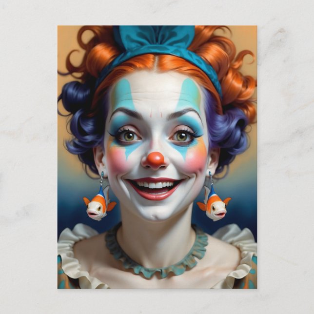funny clown with fish as earrings postcard (Front)