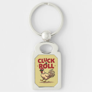 Funny "Cluck & Roll" Cool Rooster Cartoon Design Key Ring