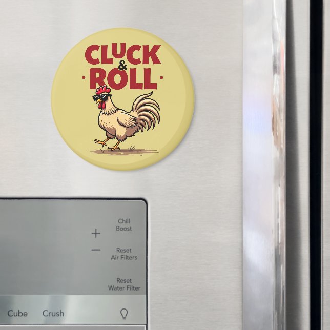 Funny "Cluck & Roll" Cool Rooster Cartoon Design Magnet (In Situ (Fridge))