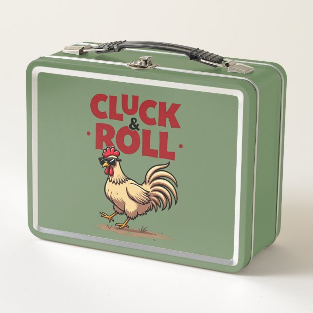 Funny "Cluck & Roll" Cool Rooster Cartoon Design Metal Lunch Box (Front)