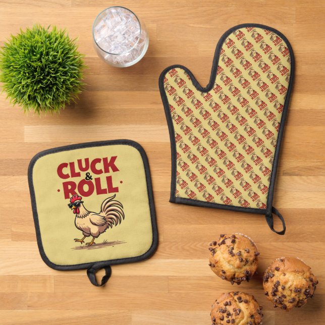 Funny "Cluck & Roll" Cool Rooster Cartoon Design Oven Mitt & Pot Holder Set (Top Down)