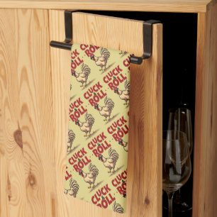 Funny "Cluck & Roll" Cool Rooster Cartoon Design Tea Towel