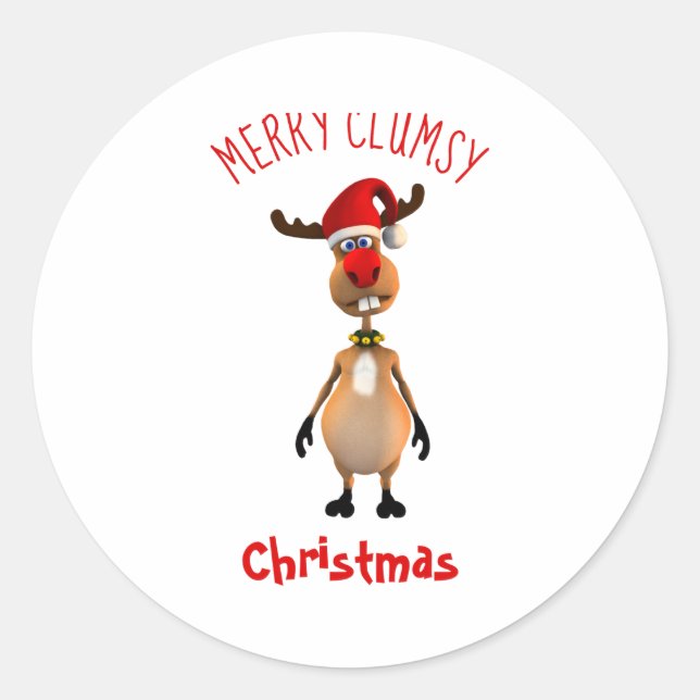 Funny Clumsy Reindeer Merry Christmas  Classic Round Sticker (Front)