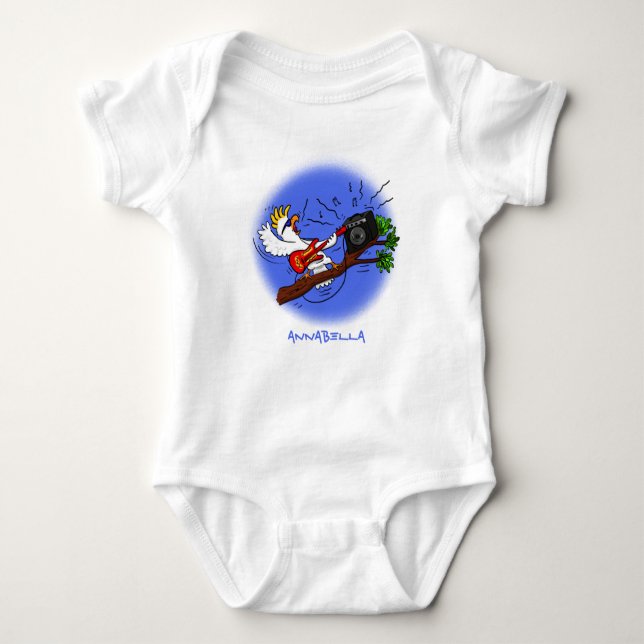Funny cockatoo playing rock guitar cartoon baby bodysuit (Front)