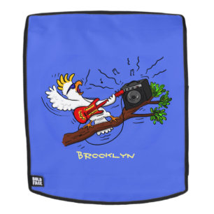 Funny cockatoo playing rock guitar cartoon backpack