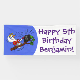 Funny cockatoo playing rock guitar cartoon banner