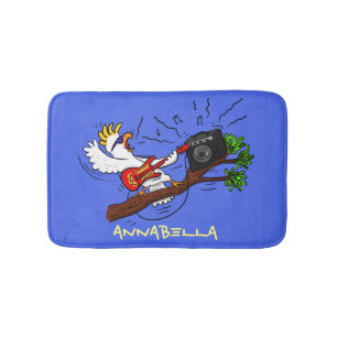Funny cockatoo playing rock guitar cartoon bath mat