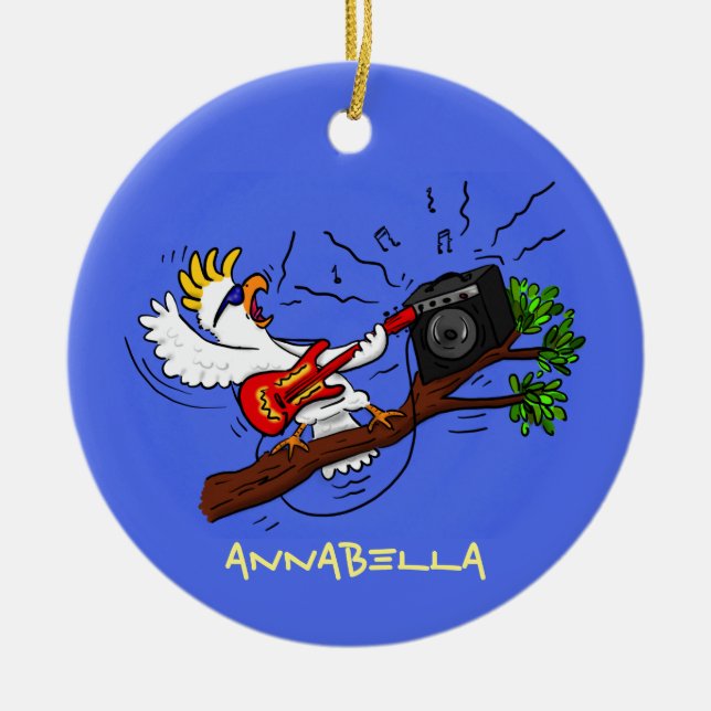 Funny cockatoo playing rock guitar cartoon ceramic tree decoration (Front)