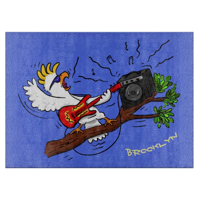 Funny cockatoo playing rock guitar cartoon cutting board (Front)