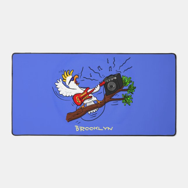 Funny cockatoo playing rock guitar cartoon desk mat (Front)
