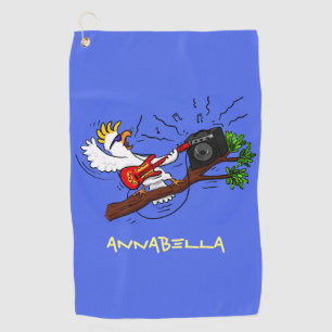 Funny cockatoo playing rock guitar cartoon  golf towel