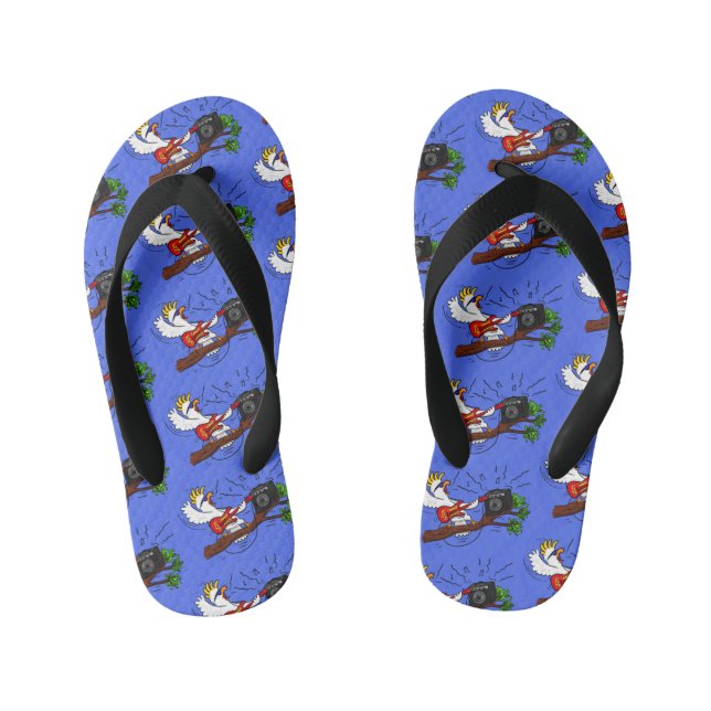 Funny cockatoo playing rock guitar cartoon kid's jandals (Footbed)