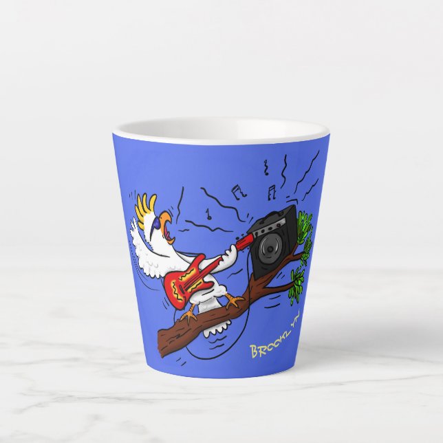 Funny cockatoo playing rock guitar cartoon latte mug (Front)