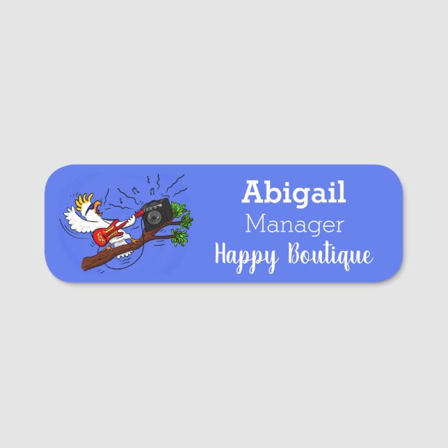 Funny cockatoo playing rock guitar cartoon name tag (Front)