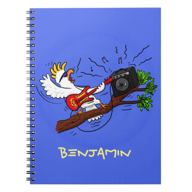 Funny cockatoo playing rock guitar cartoon notebook (Front)
