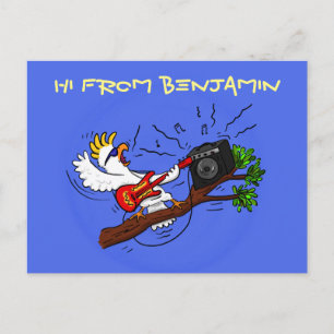 Funny cockatoo playing rock guitar cartoon postcard
