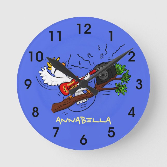 Funny cockatoo playing rock guitar cartoon round clock (Front)