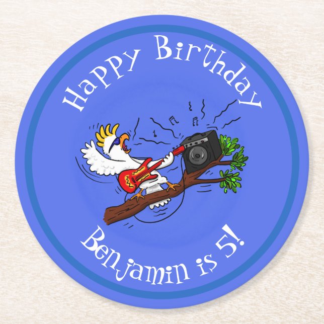 Funny cockatoo playing rock guitar cartoon round paper coaster (Front)