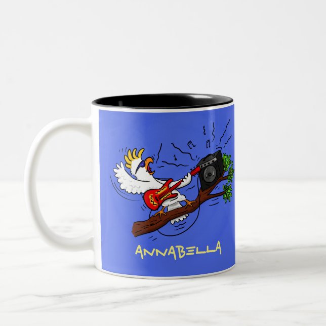 Funny cockatoo playing rock guitar cartoon Two-Tone coffee mug (Left)
