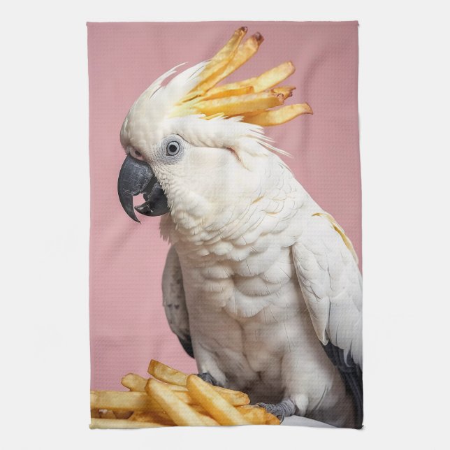 Funny Cockatoo With French Fries Crest Tea Towel (Vertical)