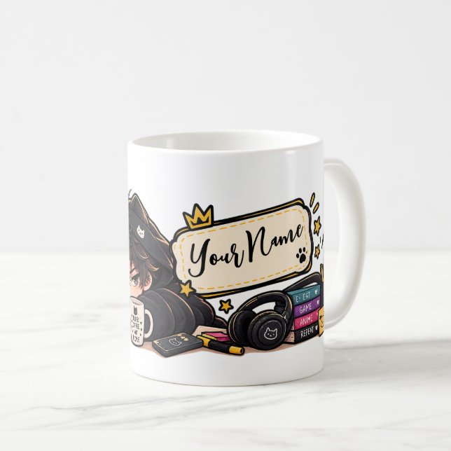 Funny Coffee Anime Cat Name Chibi Mug (Front Right)