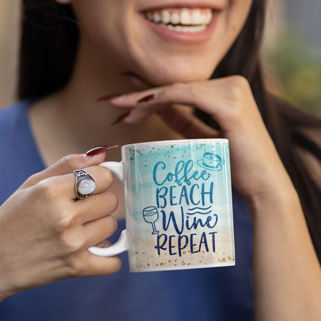 Funny Coffee Beach Wine Repeat Glitter Personalise Mug (Coffee Beach Wine Repeat Mug)