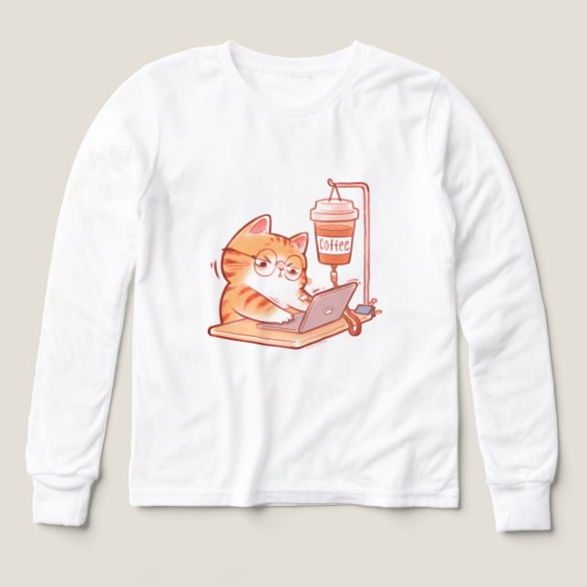 Funny Coffee Cat Shirt, Cute Overworked Programmer (Design Front)