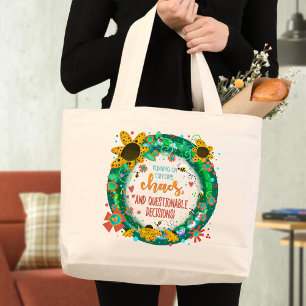 Funny Coffee Chaos Quote Stylish Trendy Large Tote Bag
