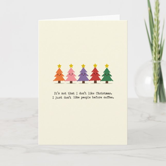 Funny Coffee Christmas Card Colourful Trees People (Front)