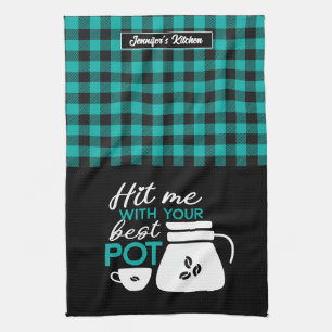 Funny Coffee Lover Caffeine Addict Plaid Pattern Tea Towel