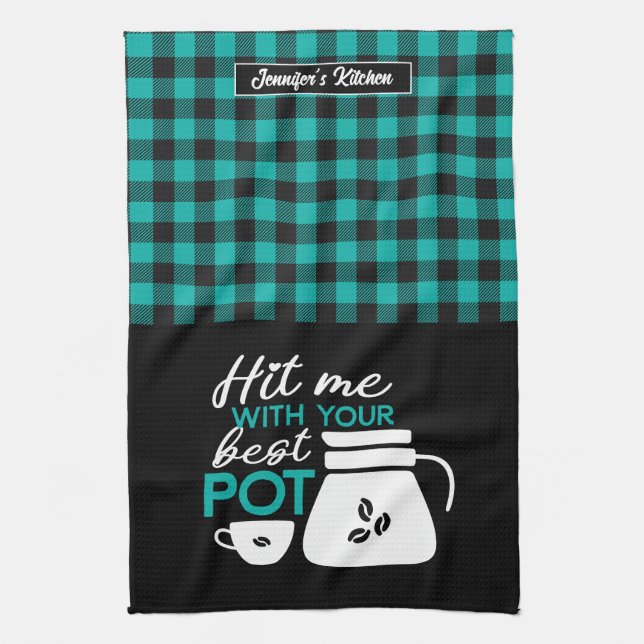 Funny Coffee Lover Caffeine Addict Plaid Pattern Tea Towel (Vertical)