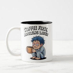 Funny Coffee Lover – Coffee First, Adulting Later Two-Tone Coffee Mug