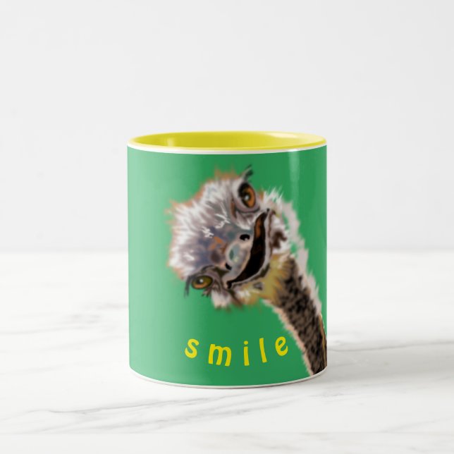 Funny Coffee Mug with Happy Ostrich - Smile (Center)