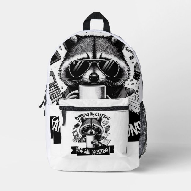 Funny Coffee Raccoon – Caffeine & Bad Choices Art Printed Backpack (Front)