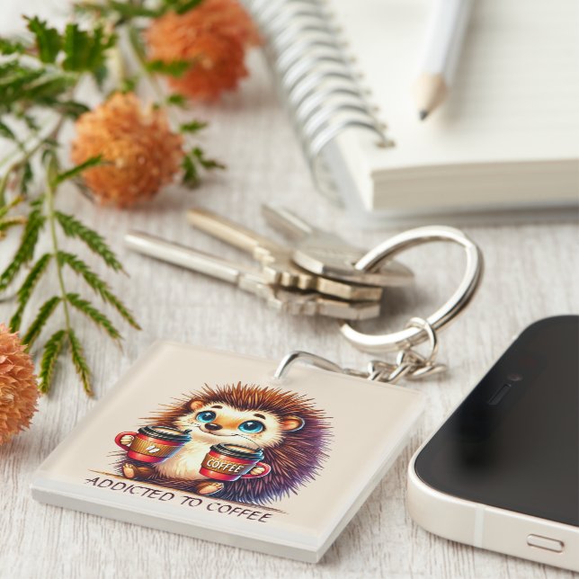 Funny coffee word art hedgehog customisable key ring (Front Right)
