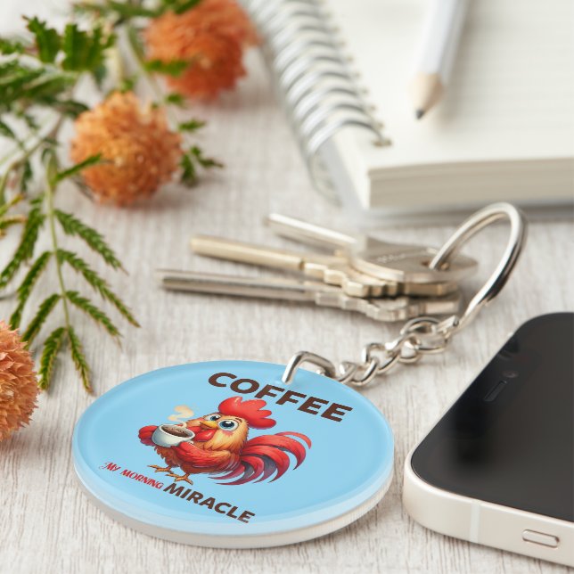 Funny coffee word art rooster  key ring (Front Right)