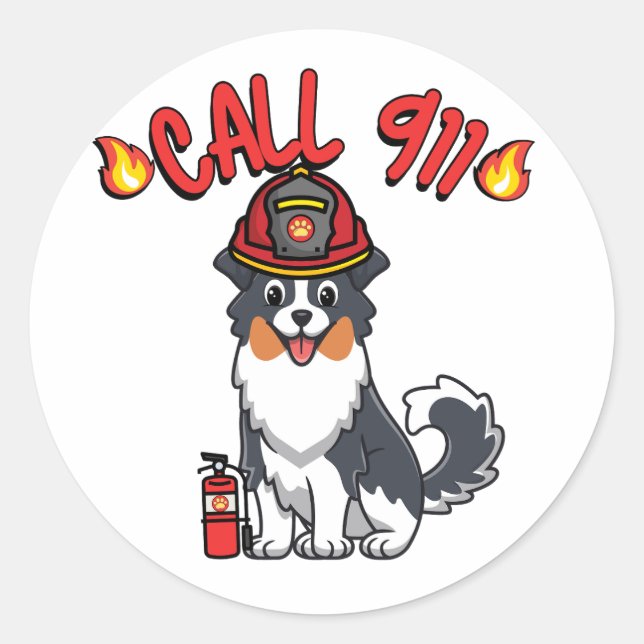 Funny Collie dog is a firefighter  Classic Round Sticker (Front)