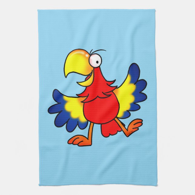 Funny Colorful Cartoon Parrot Bird Tea Towel (Vertical)