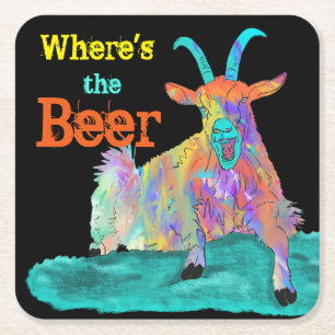 Funny Colourful Art Screaming Goat Beer Pun Square Paper Coaster