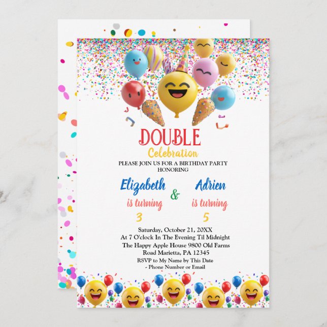 Funny Colourful Balloon Kids Double Joint Birthday Invitation (Front/Back)