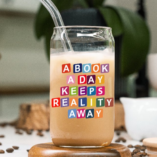 Funny Colourful Book Lover Drinking Can Glass (Indulge your literary senses with our witty drinking glass, perfect for the book lover in you.)