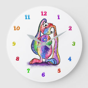 Funny Colourful Bunny Love Flower - Cartoon Drawin Large Clock