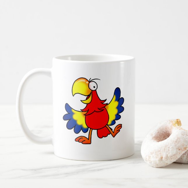 Funny Colourful Cartoon Parrot Bird Coffee Mug (With Donut)