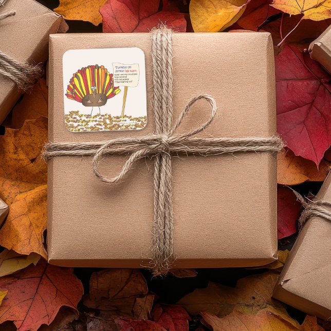 Funny, Colourful Cartoon Thanksgiving Turkey Square Sticker (Take a look at this funny cartoon turkey sticker. It's great to add some fun to your gift packages!)